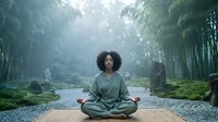 Young African American woman meditating in lotus position on yoga mat in misty bamboo forest, peaceful mindfulness practice in serene natural setting.