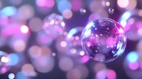 Transparent soap bubble floating against dreamy purple bokeh lights background with magical sparkles and soft glowing effects for fantasy designs.