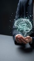 Businessman in dark suit holding glowing digital brain with particle effects, representing artificial intelligence, innovation, and technology solutions for business applications.
