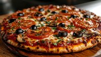 Delicious homemade pizza with pepperoni, mushrooms, black olives and fresh herbs on wooden board. Perfect for restaurant menus and food advertising.