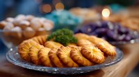 Freshly baked butter cookies arranged in spiral pattern on vintage glass plate with blurred background of holiday treats and bokeh lights creating festive atmosphere.