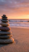 Balanced stone cairn on beach sand at sunset with warm orange and purple sky colors reflecting peaceful meditation and mindfulness wellness concepts.