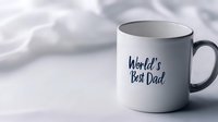White ceramic mug with World's Best Dad text against soft white fabric background, minimalist fathers day gift concept for greeting cards and social media posts.