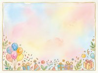 Watercolor celebration border with pastel balloons, gift boxes, and botanical elements on soft gradient background, suitable for invitations, greeting cards, and festive designs.