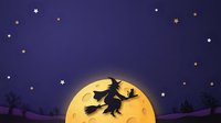 Silhouette of witch flying on broomstick across full moon with scattered stars and palm trees on dark night sky, suitable for Halloween designs and seasonal graphics.