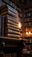 Antique leather-bound books stacked on ornate wooden furniture with candlelight in a vintage library setting, suitable for editorial, publishing, and nostalgic design projects.