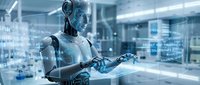 Futuristic humanoid robot with glowing blue elements analyzing holographic data displays in modern laboratory environment for artificial intelligence concepts.