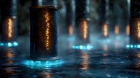 Glowing cylindrical lantern with warm light on wet surface reflecting blue ambient illumination, creating magical atmospheric mood in dark environment.