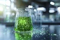 Laboratory beaker with glowing green liquid and molecular structure visualization against blurred scientific background, representing biotechnology research.
