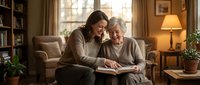 Young brunette woman and elderly gray-haired woman reading book together on cozy living room sofa, sharing warm moment across generations in comfortable home setting.