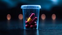 Medical pills and capsules in transparent plastic container with dramatic lighting and bokeh background, pharmaceutical concept for healthcare and medicine.