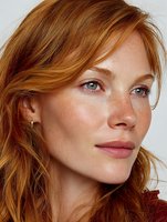 Young redhead woman with freckles and wavy hair looking at camera with natural makeup and soft lighting for beauty and skincare concepts.