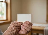 Senior person with aged, wrinkled hands holding blank white card in warm home interior with natural window light, suitable for greeting cards, announcements, messages, and communication concepts.
