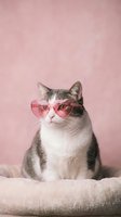 Adorable tabby cat wearing pink heart-shaped sunglasses sitting on soft blanket against pastel pink background for Valentine's Day celebration.