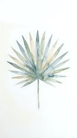 Watercolor illustration of a fan palm leaf with soft green, blue, and cream tones on white background. Isolated botanical artwork suitable for home decor, textile design, and wall art.