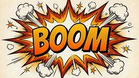 Comic book explosion with BOOM text in bold letters surrounded by dynamic burst rays and smoke clouds on beige background for pop art designs.