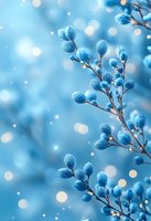 Delicate frost-covered blue winter branches with soft bokeh lights in background create magical seasonal atmosphere for holiday designs and winter cards.