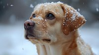 Portrait of adorable golden labrador retriever with snow flakes on fur looking up thoughtfully against winter background, perfect for pet care or seasonal holiday designs.