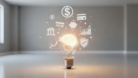 Glowing light bulb with financial icons floating above in modern office interior representing business innovation and investment ideas.