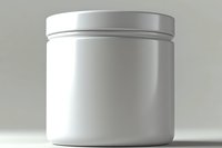White cylindrical cosmetic jar with metallic lid on neutral background, mockup for product packaging and branding design. Isolated container for skincare products.