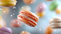 Orange macaron with cream filling floating in air with powdered sugar dust against colorful blurred bakery background for dessert and confectionery designs.