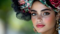 Young woman with floral headpiece and natural makeup wearing traditional style head covering against blurred green background, close up portrait.