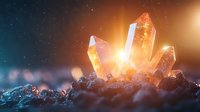 Glowing amber crystal cluster with translucent quartz formations against cosmic starry background, illuminated by warm golden light.