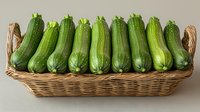 Fresh green zucchini squash arranged in wicker basket, raw organic vegetables with water drops on surface, healthy Mediterranean produce.