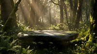 Mystical forest scene with ancient moss-covered stone platform surrounded by twisted trees and golden sunlight filtering through misty atmosphere.
