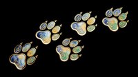 Decorative animal paw print charms with swirl details in blue and green tones, gold outline, isolated on transparent background, ready for stickers, t-shirt design, and print on demand.