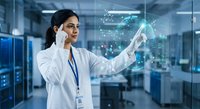 Professional female scientist in white lab coat using holographic digital interface technology while talking on phone in modern research laboratory facility.