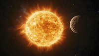 Glowing sun with intense solar flares and corona illuminating nearby planet against starry space background, dramatic cosmic scene showing stellar activity.