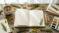Open blank notebook with watercolor paints and brush on rustic wooden table decorated with rosemary sprigs and yellow flowers, perfect for art journaling.