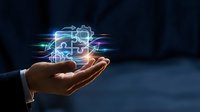 Digital puzzle pieces glowing with neon light floating above an open hand, representing problem solving, innovation, and business solutions for technology concepts.