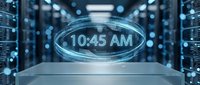 Futuristic holographic time display showing 10:45 AM floating in modern data center with glowing blue server racks and digital technology atmosphere.