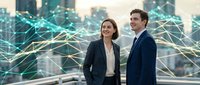 Professional businesswoman and businessman standing confidently with digital network connections overlay representing modern corporate technology and connectivity.