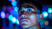 Young Asian male illuminated by vibrant neon lights and bokeh effects, looking upward with intense expression against dark background, creating dramatic nighttime portrait.