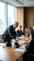 Senior male executive, Caucasian, wearing glasses and dark suit, leaning forward during corporate meeting in modern high-rise office with city skyline view, wooden paneling, diverse colleagues seated at wooden conference table with documents and tablets.