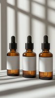 Three amber glass dropper bottles with blank white labels casting window shadow patterns on light surface. Minimalist cosmetic packaging mockup.