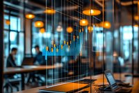 Financial chart overlay on blurred modern office background with glowing orange lights and business people working at desks, showing market growth analysis.