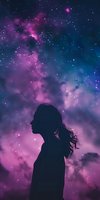 Silhouetted female figure gazing upward at cosmic nebula with magenta and blue glowing particles, stars, and ethereal clouds. Dreamy space background for inspiration, spirituality, and wonder concepts.