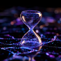 Glowing hourglass with flowing water drops on dark background illuminated by neon blue and purple lights creating magical atmosphere for time concept designs.
