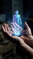 Holographic human figure projection emerging from smartphone held in cupped hands showcasing futuristic AI technology and digital innovation concepts.