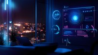 Futuristic digital interface display with holographic charts and data visualization glowing in dark office space against night cityscape background.