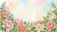 Watercolor floral border with pink and white peonies, green leaves, and soft pastel background, perfect for greeting cards and invitations.