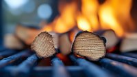 Charred wooden logs with glowing flames in soft focus background, suitable for camping, bonfire, and outdoor recreation design projects.