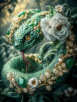 Mystical green snake adorned with golden jewelry, emeralds and white roses against dark background. Detailed scales and serpentine form create luxurious fantasy artwork.