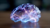 Glowing brain shape with electric lightning effects in purple and blue colors on dark wooden surface, neural network concept visualization.