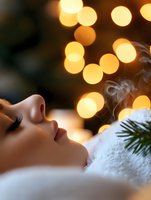 Serene woman relaxing with aromatherapy steam treatment against warm bokeh lights background, pine branch detail creates festive spa atmosphere.