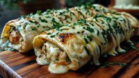 Savory crepes filled with meat and vegetables, topped with creamy sauce and fresh herbs on wooden board for gourmet cooking and restaurant menu concepts.